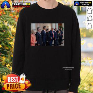 Official Trump Zelenskyy and European Leaders Meeting Sweatshirt featuring iconic leaders in a diplomatic setting.