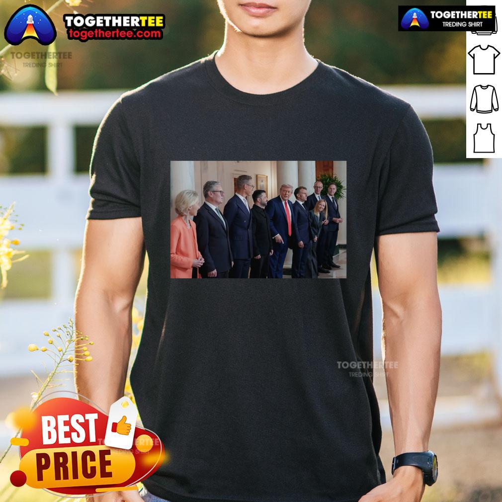 Official Trump Zelenskyy and European leaders meeting T-shirt featuring iconic images and event details for collectors.
