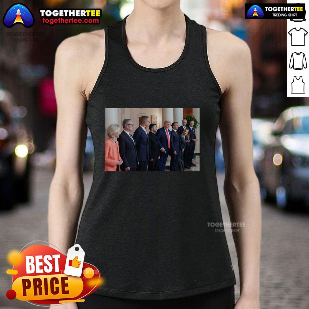 Trump, Zelenskyy, and European leaders meet in a tank top at a diplomatic event, showcasing global unity.