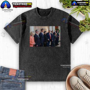 Official meeting of Trump, Zelenskyy, and European leaders featured on a washed T-shirt, capturing a historic moment.