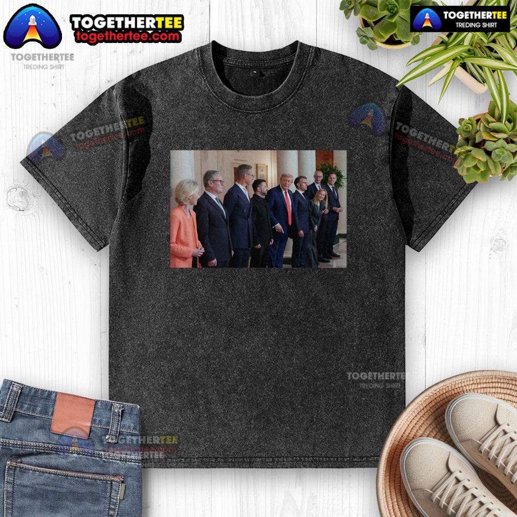 Official meeting of Trump, Zelenskyy, and European leaders featured on a washed T-shirt, capturing a historic moment.