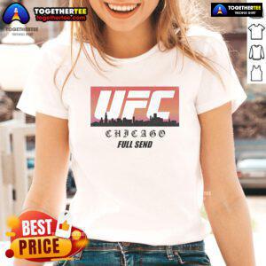 Alt Text: Official UFC Chicago Skyline White Ladies Tee featuring iconic city skyline design for stylish fans.