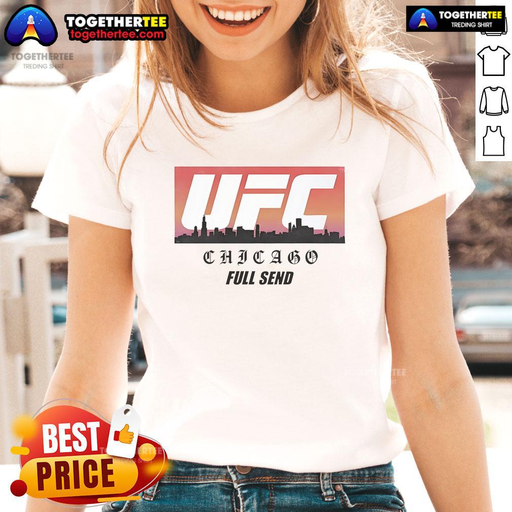 Alt Text: Official UFC Chicago Skyline White Ladies Tee featuring iconic city skyline design for stylish fans.