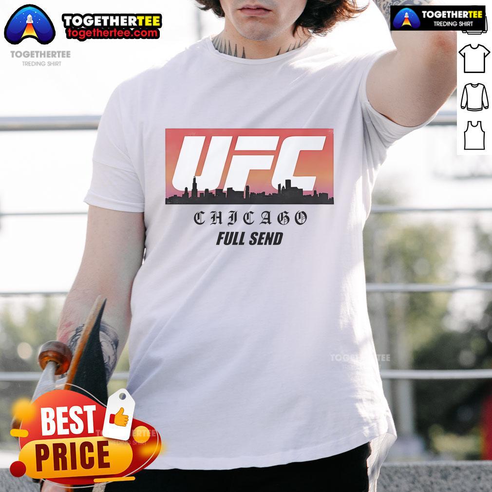 Official UFC Chicago Skyline White T-Shirt featuring iconic Chicago skyline design for MMA fans and collectors.