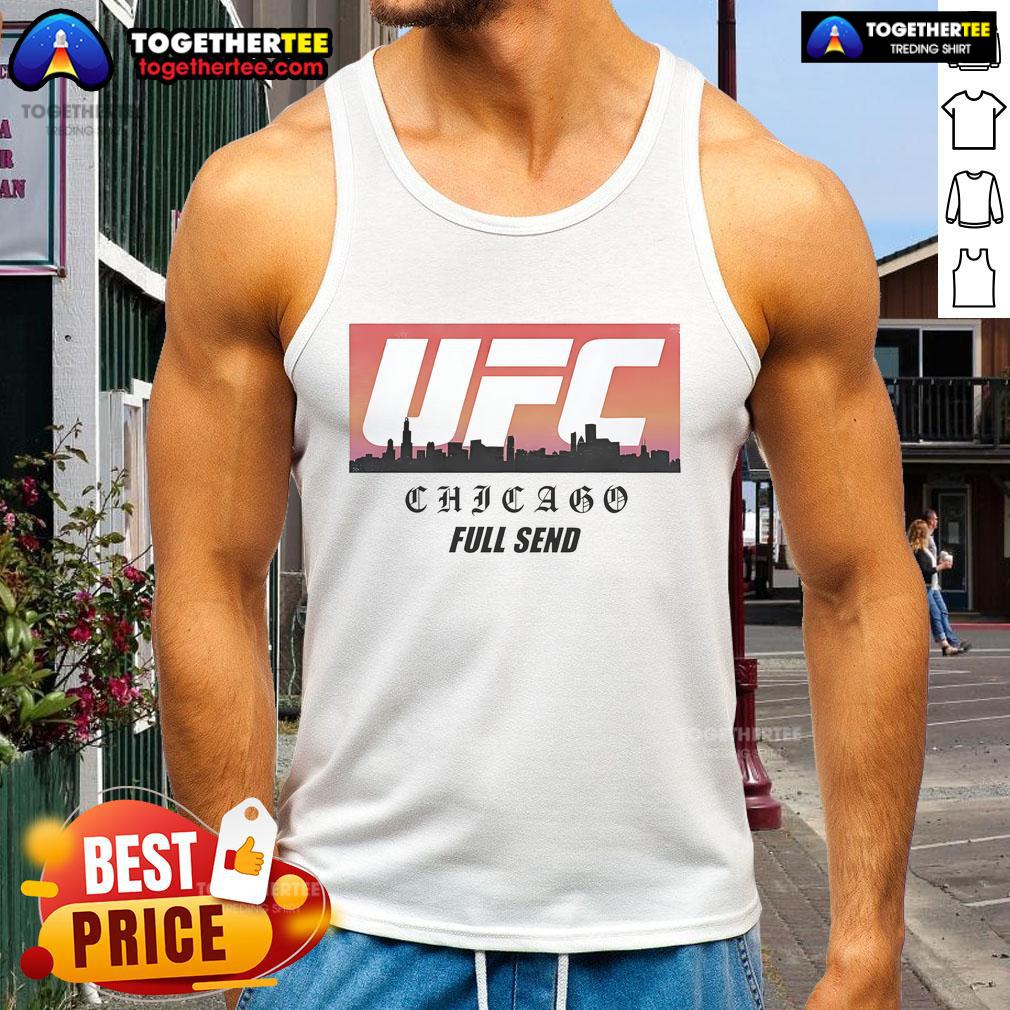 Alt Text: Official UFC Chicago Skyline White Tank Top featuring iconic cityscape design, perfect for fight fans and summer wear.