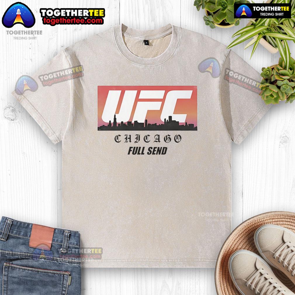 Alt Text: Official UFC Chicago skyline white-washed t-shirt featuring iconic cityscape design, perfect for MMA fans and collectors.