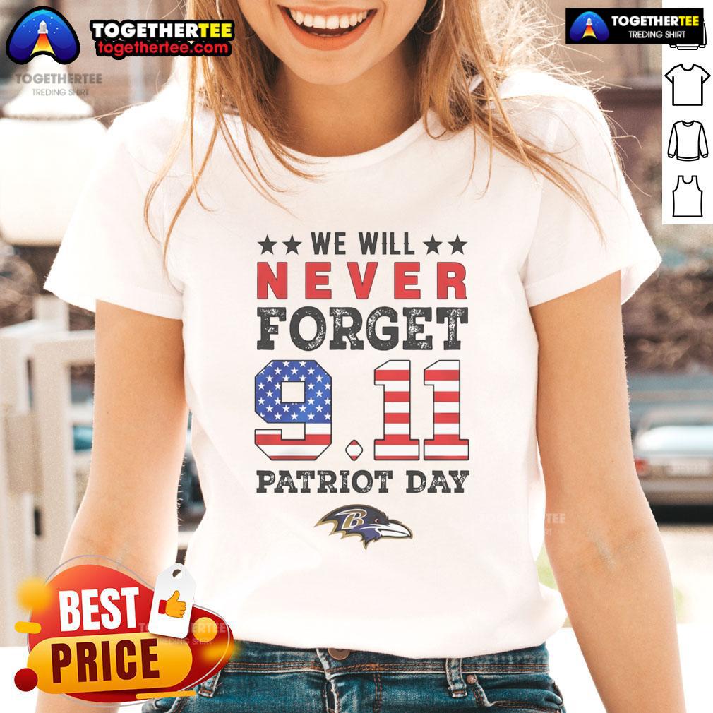 Official We Will Forget 9/11 Patriot Day Baltimore Ravens ladies tee, featuring a stylish design for fans honoring September 11.