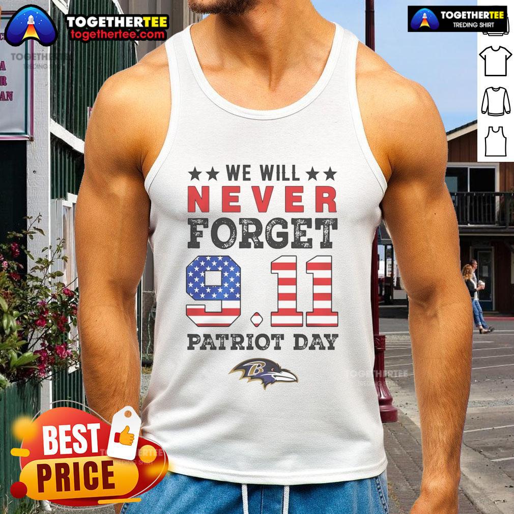 Official We Will Forget 9/11 Patriot Day Baltimore Ravens tank top featuring bold graphics and a patriotic design.