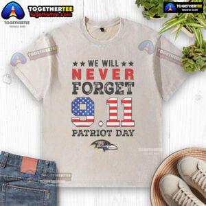 Official Baltimore Ravens 'We Will Forget 9/11' Patriot Day washed t-shirt featuring a distressed design for fans.