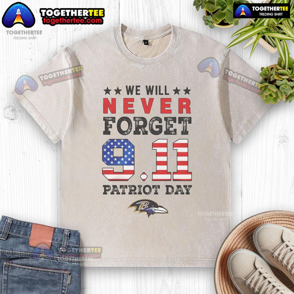 Official Baltimore Ravens 'We Will Forget 9/11' Patriot Day washed t-shirt featuring a distressed design for fans.