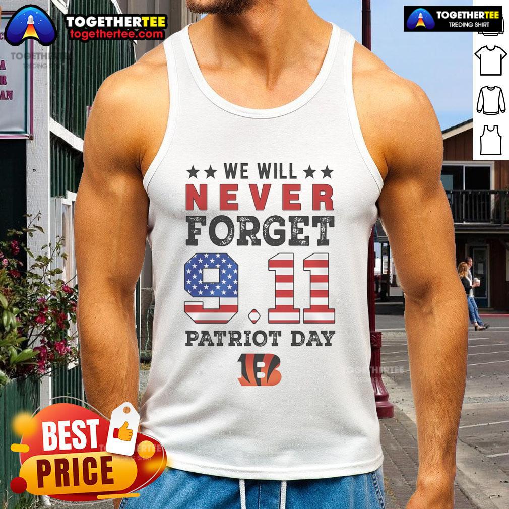 Official We Will Forget 9/11 Patriot Day Cincinnati Bengals tank top featuring team logo and patriotic design.