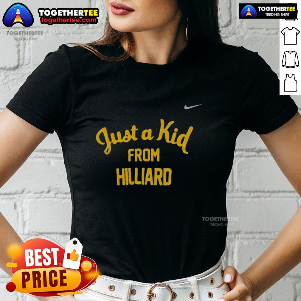Official West Virginia Mountaineers Just A Kid From Hilliard Ladies Tee featuring vibrant team colors and logo design.