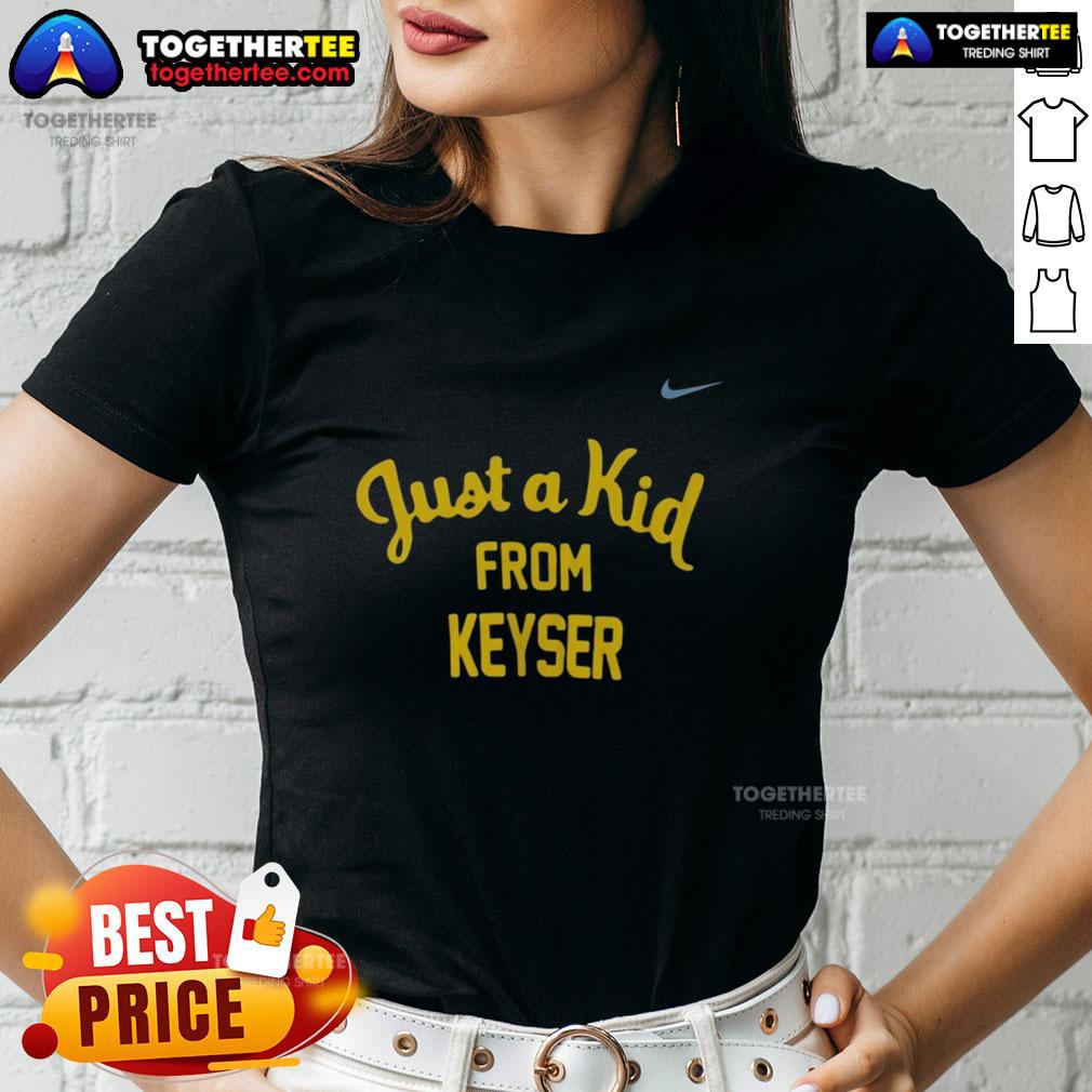 Alt Text: Official West Virginia Mountaineers Just A Kid From Keyser Ladies Tee, showcasing team pride and stylish design.