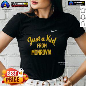 Official West Virginia Mountaineers 'Just A Kid From Monrovia' ladies tee featuring team colors and logo design.