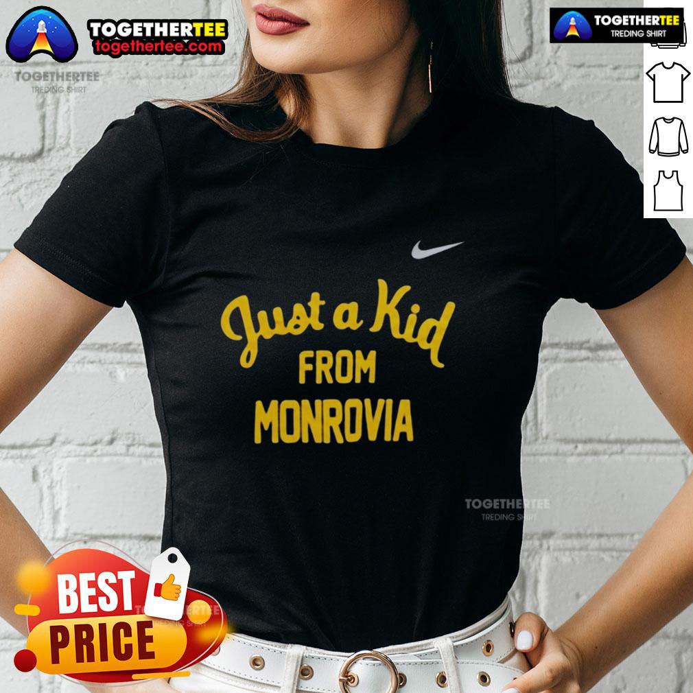 Official West Virginia Mountaineers 'Just A Kid From Monrovia' ladies tee featuring team colors and logo design.