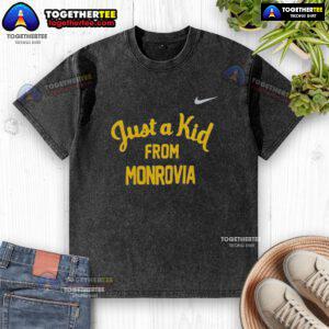 Alt Text: Official West Virginia Mountaineers Just A Kid From Monrovia washed t-shirt, perfect for fans and casual wear.