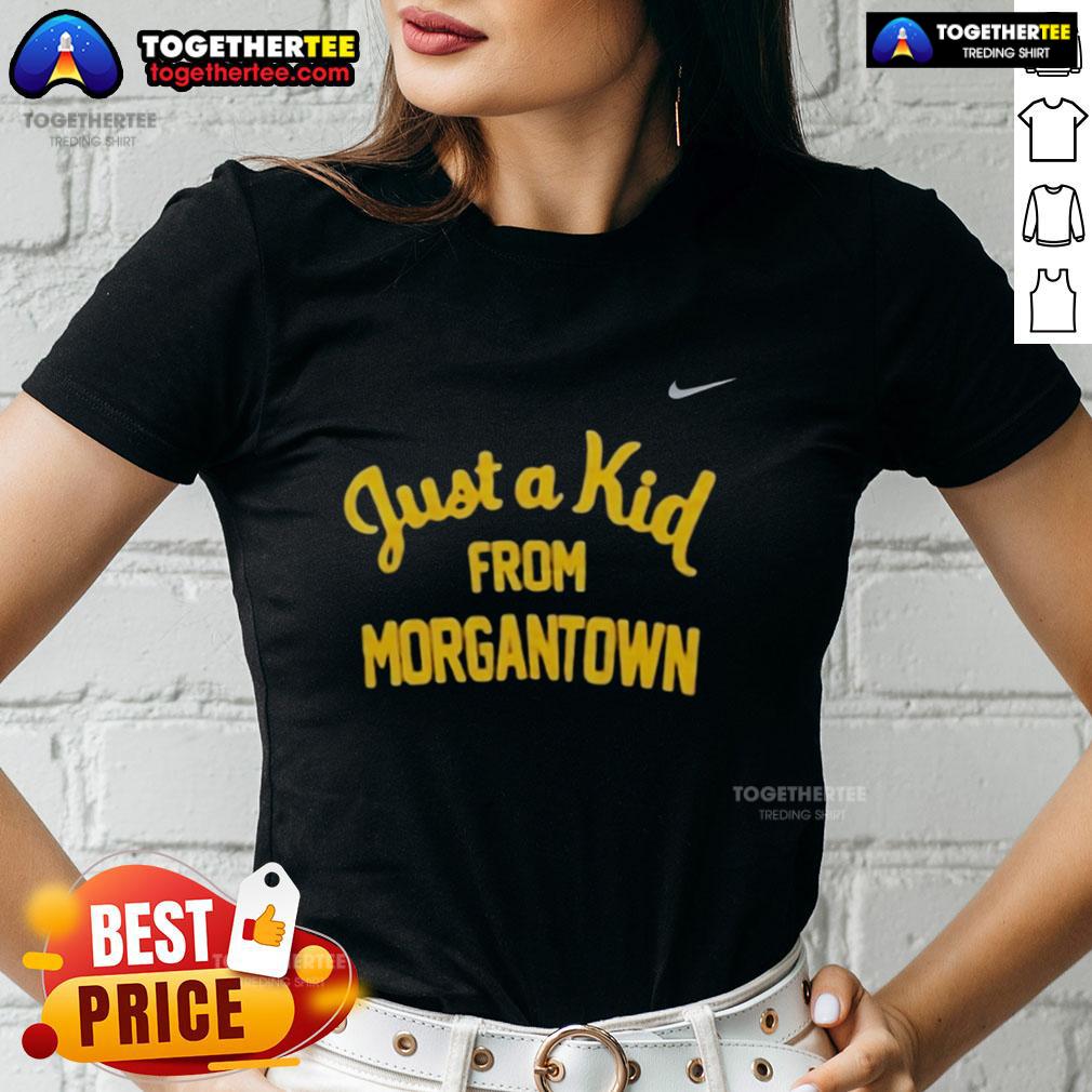 Official West Virginia Mountaineers 'Just A Kid From Morgantown' ladies tee showcasing team spirit and style.