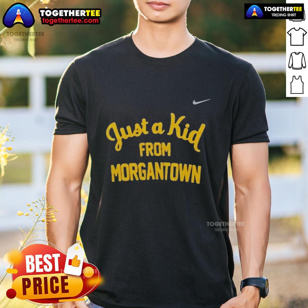 Official West Virginia Mountaineers 'Just A Kid From Morgantown' T-Shirt featuring team colors and logo.