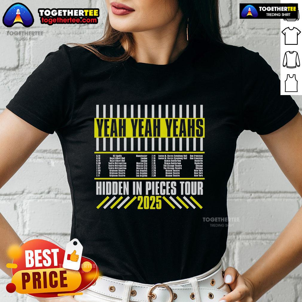 Official Yeah Yeah Yeahs Hidden In Pieces Tour ladies tee featuring vibrant design and tour details for fans.