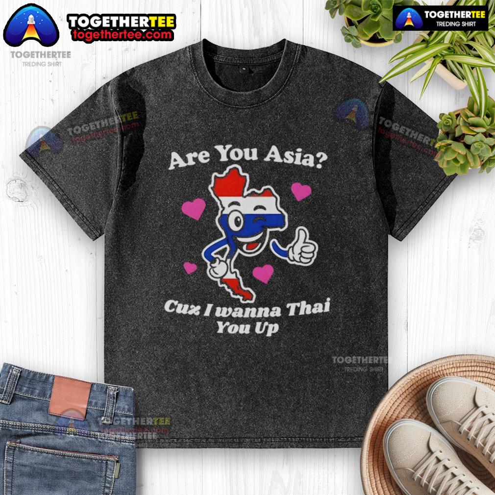 Alt Text: Original 'Are You Asia? Cuz I Wanna Thai You Up' washed t-shirt design with playful text and casual style.