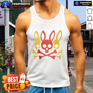 Gilbert Arenas wearing a red and yellow Bunny Skull & Crossbones tank top, showcasing a bold fashion statement.
