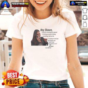 Lisa Barlow in 'Hey Shawn, I Need An Investigation' tee, showcasing her stylish look and personality from the series.