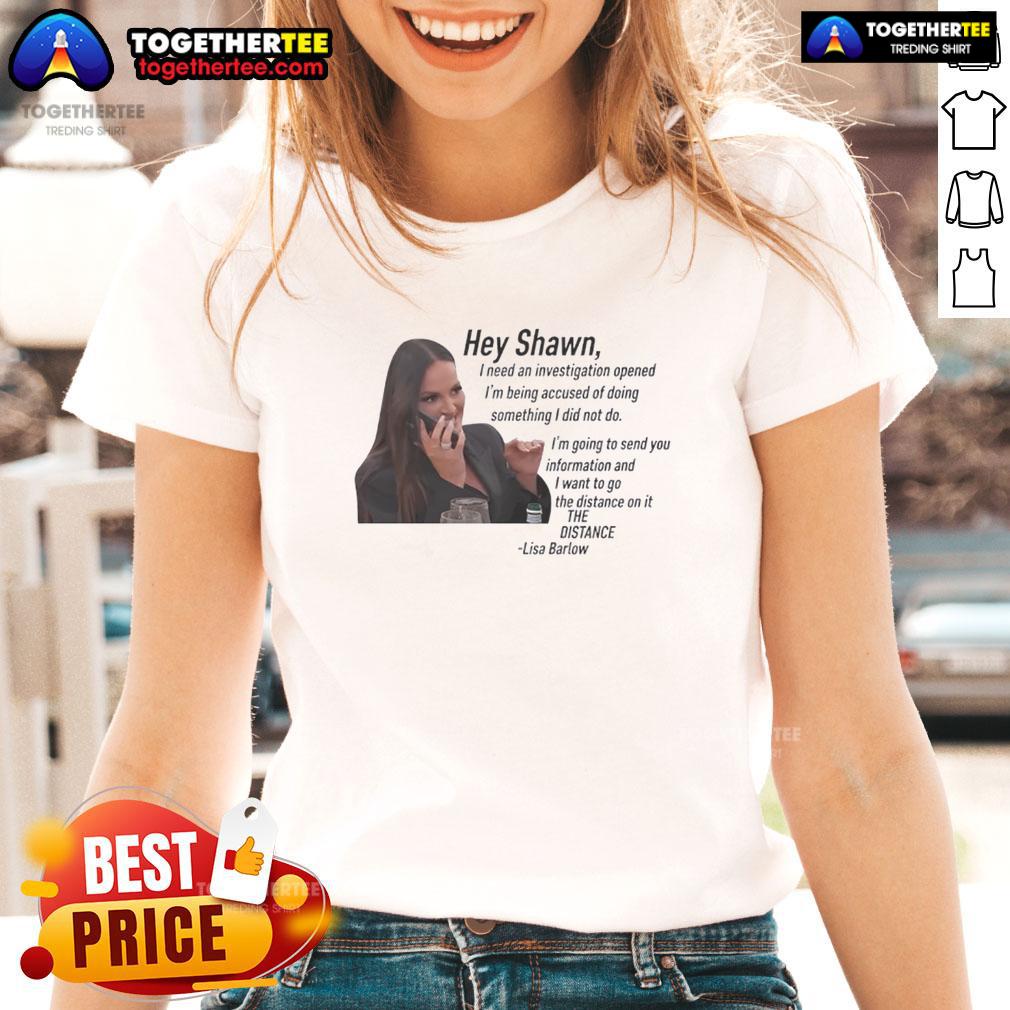 Lisa Barlow in 'Hey Shawn, I Need An Investigation' tee, showcasing her stylish look and personality from the series.