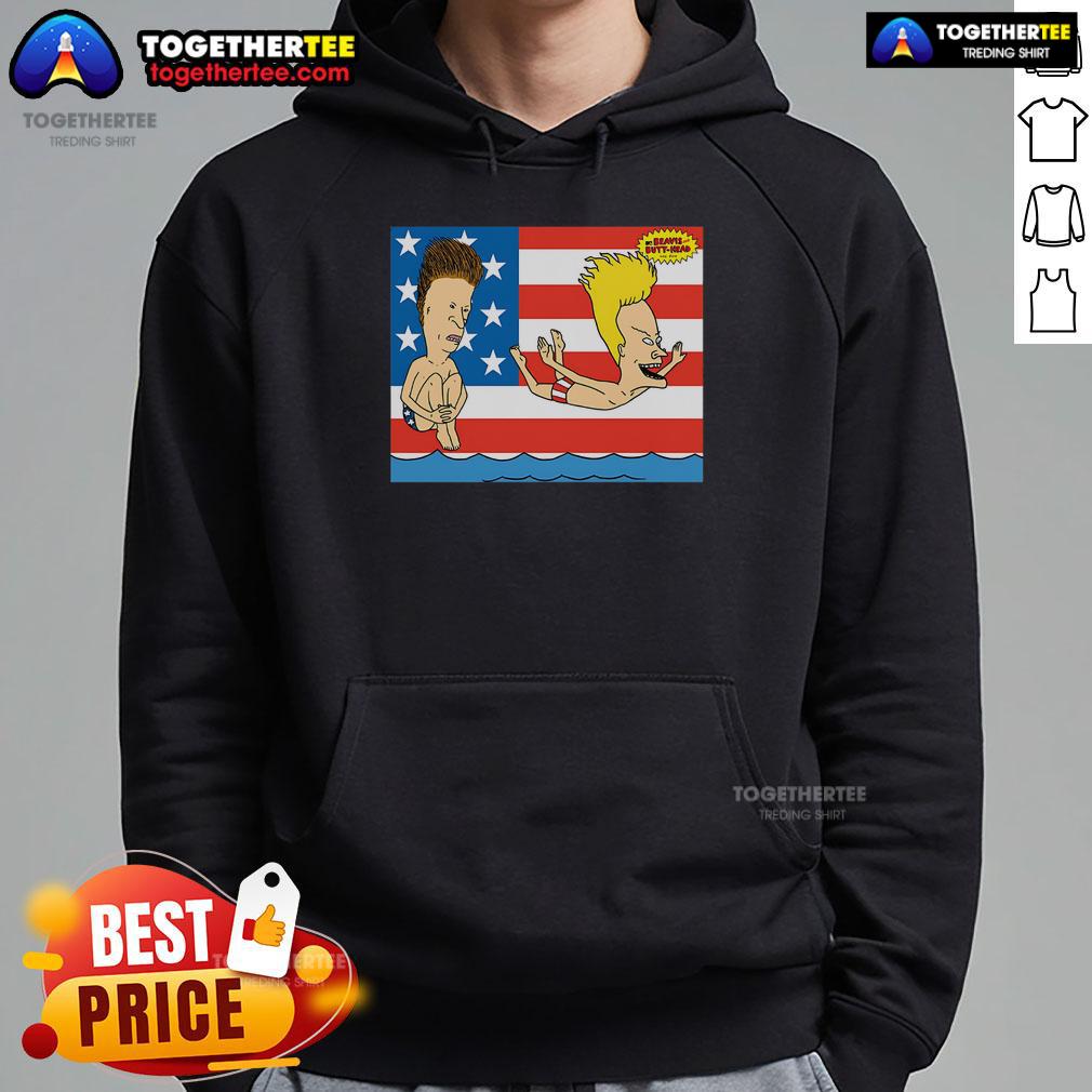 Original Juniors Beavis and Butt-Head American Beach July 4th Hoodie featuring iconic characters and festive design.