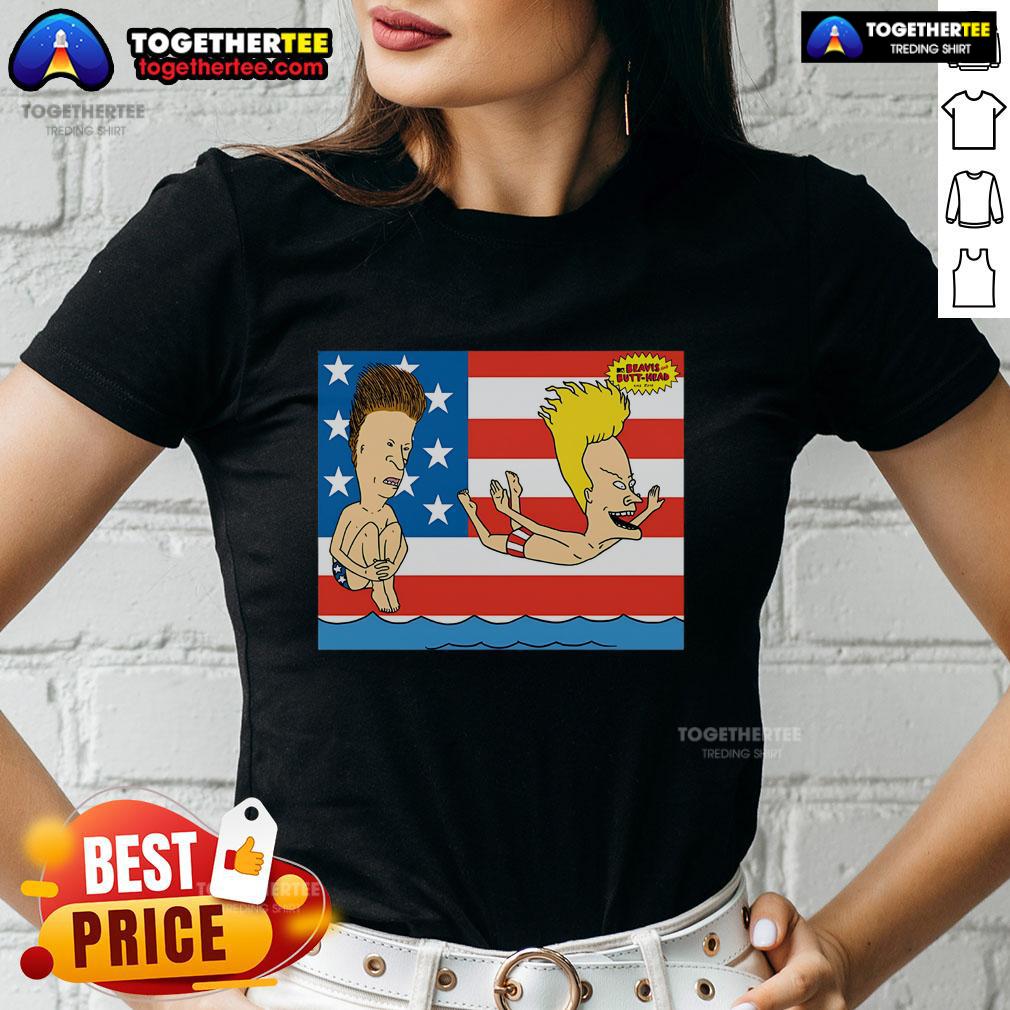 Original Juniors Beavis and Butt-Head July 4th Ladies Tee featuring iconic characters for a fun American beach look.