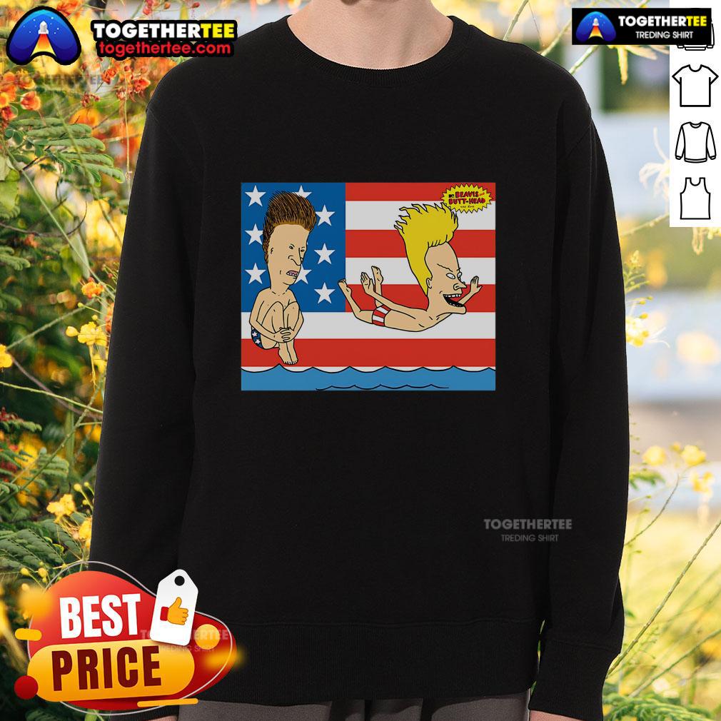 Alt Text: Original Juniors Beavis and Butt-Head American Beach July 4th Sweatshirt featuring iconic cartoon characters.