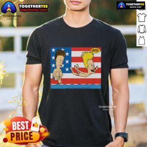 Alt Text: Original Junior's Beavis and Butt-Head July 4th T-shirt featuring iconic characters celebrating American beach vibes.