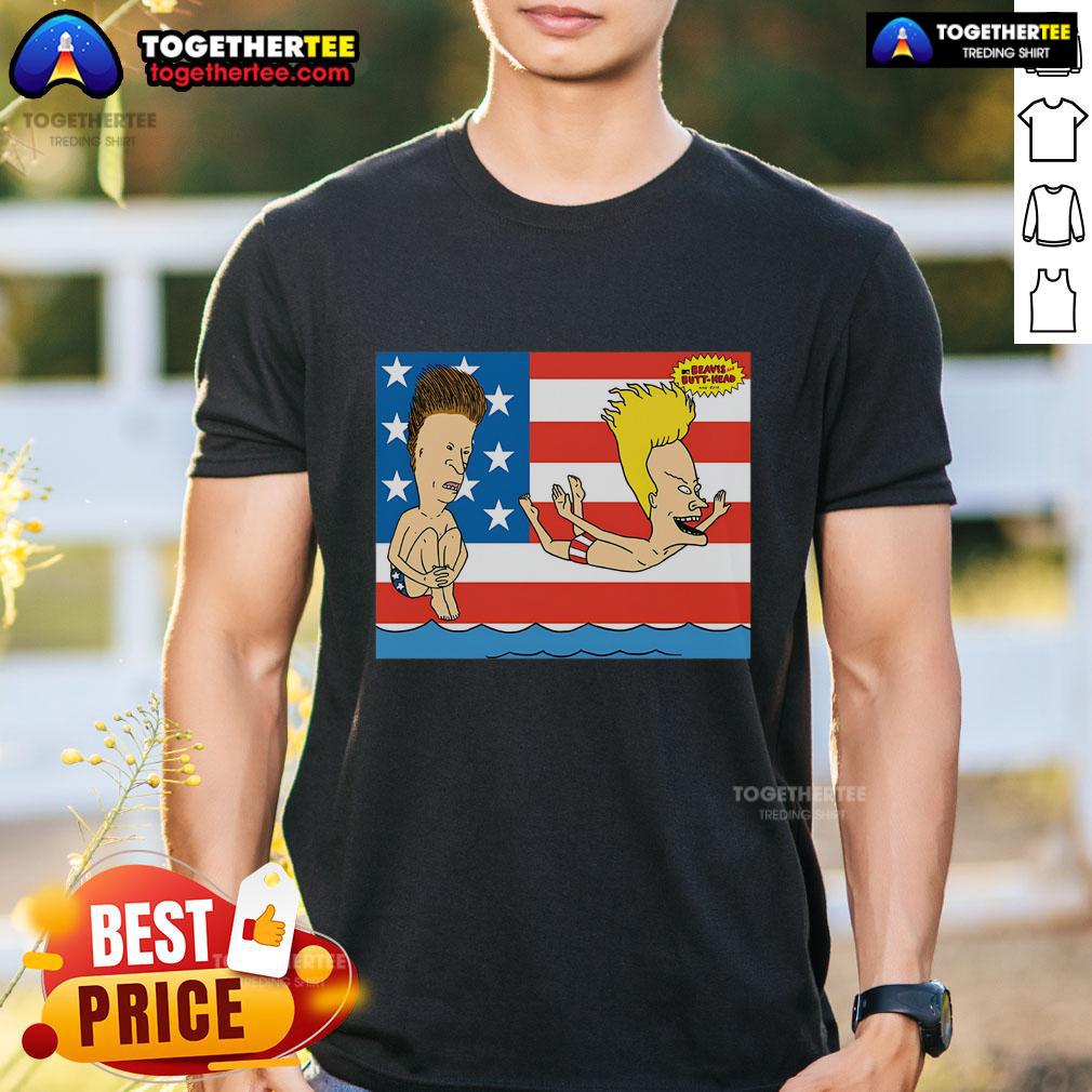 Alt Text: Original Junior's Beavis and Butt-Head July 4th T-shirt featuring iconic characters celebrating American beach vibes.