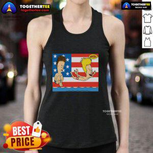 Original Juniors Beavis And Butt-Head July 4th tank top featuring iconic characters on a beach-themed design.