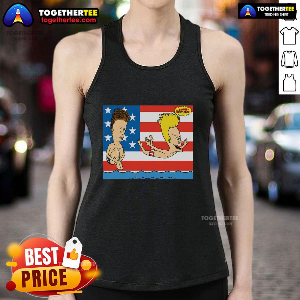 Original Juniors Beavis And Butt-Head July 4th tank top featuring iconic characters on a beach-themed design.