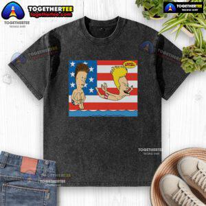 Alt Text: Original Juniors Beavis and Butt-Head July 4th Beach T-Shirt featuring a fun patriotic design for summer wear.