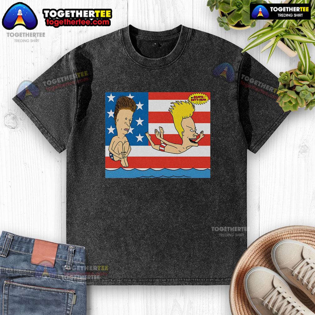 Alt Text: Original Juniors Beavis and Butt-Head July 4th Beach T-Shirt featuring a fun patriotic design for summer wear.