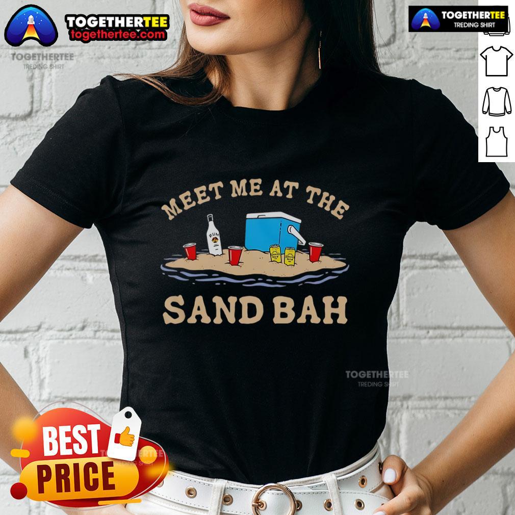 Original Meet Me At The Sand Bah Ladies Tee featuring a vibrant beach graphic, perfect for summer outings.