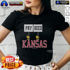 Original Peanuts Woodstock X Kansas Gameday Pay Heed Ladies Tee featuring vibrant graphics and comfortable fit.
