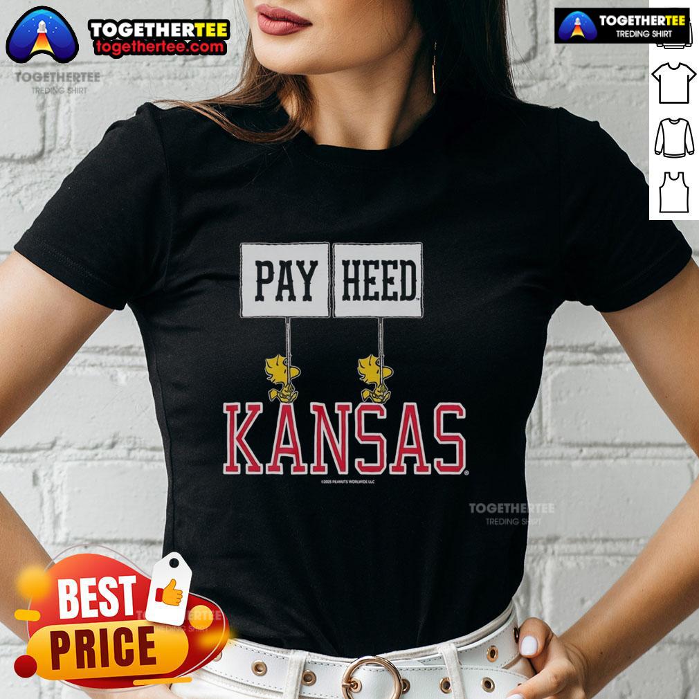 Original Peanuts Woodstock X Kansas Gameday Pay Heed Ladies Tee featuring vibrant graphics and comfortable fit.
