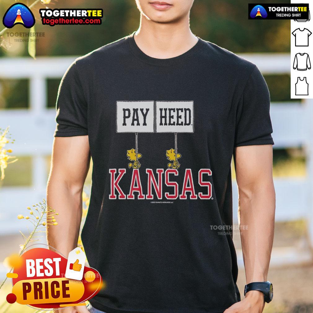 Alt Text: Original Peanuts Woodstock X Kansas Gameday Pay Heed T-Shirt featuring iconic Woodstock design for fans.