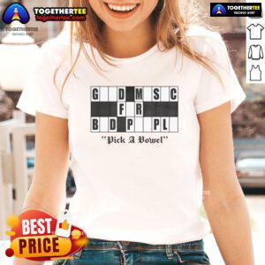 Alt Text: Logo of 'Pick A Vowel - Good Music for Bad People' on a ladies tee, featuring vibrant colors and stylish design.