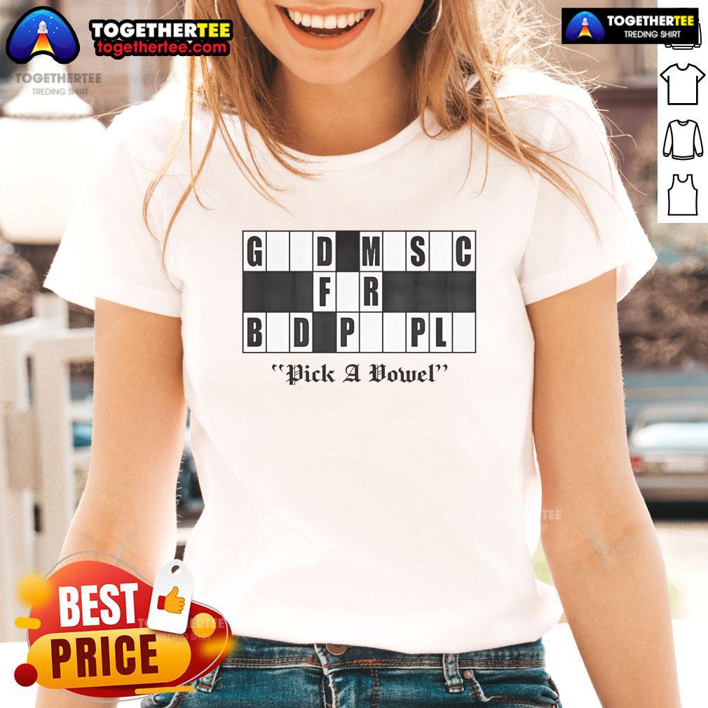 Alt Text: Logo of 'Pick A Vowel - Good Music for Bad People' on a ladies tee, featuring vibrant colors and stylish design.