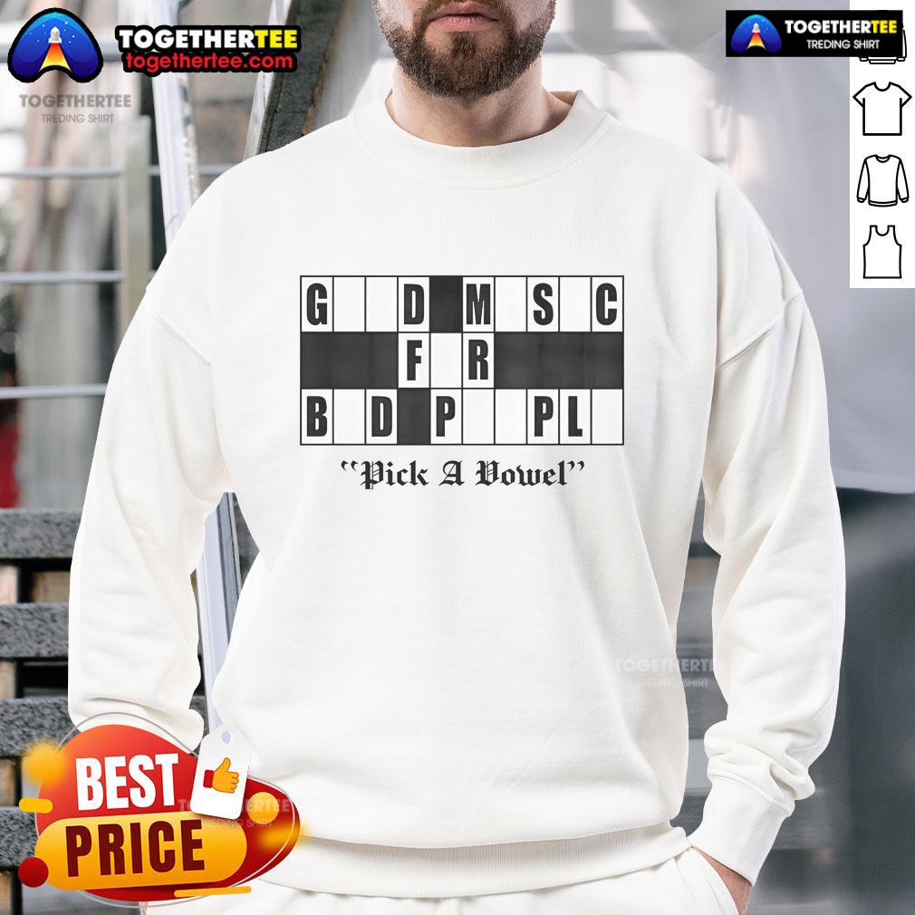 Alt Text: Original Pick A Vowel Good Music For Bad People logo sweatshirt featuring a stylish design and vibrant colors.