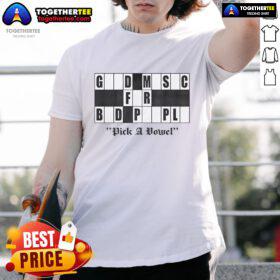 Original Pick A Vowel Good Music For Bad People logo T-Shirt featuring vibrant design and bold lettering.
