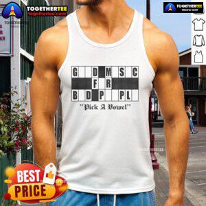 Original Pick A Vowel Good Music For Bad People logo on a stylish tank top, perfect for music lovers.
