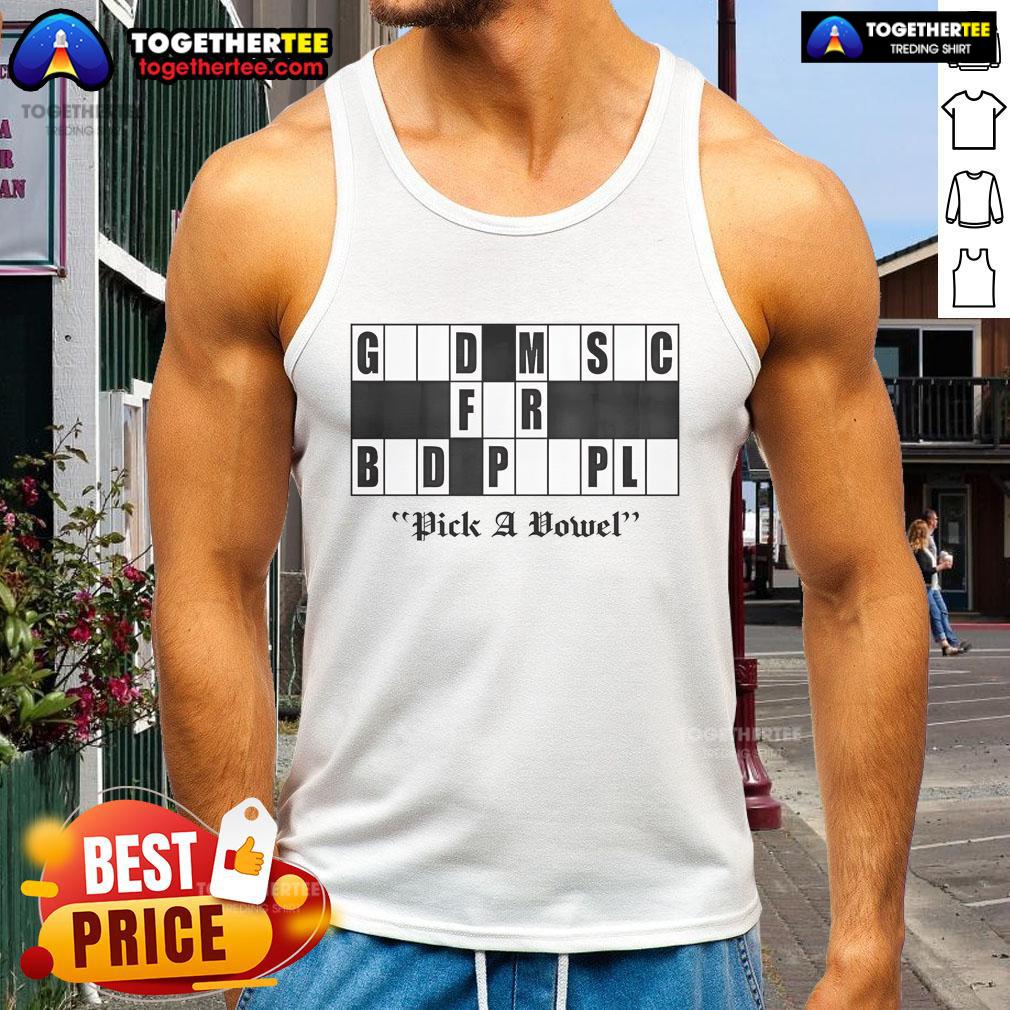 Original Pick A Vowel Good Music For Bad People logo on a stylish tank top, perfect for music lovers.