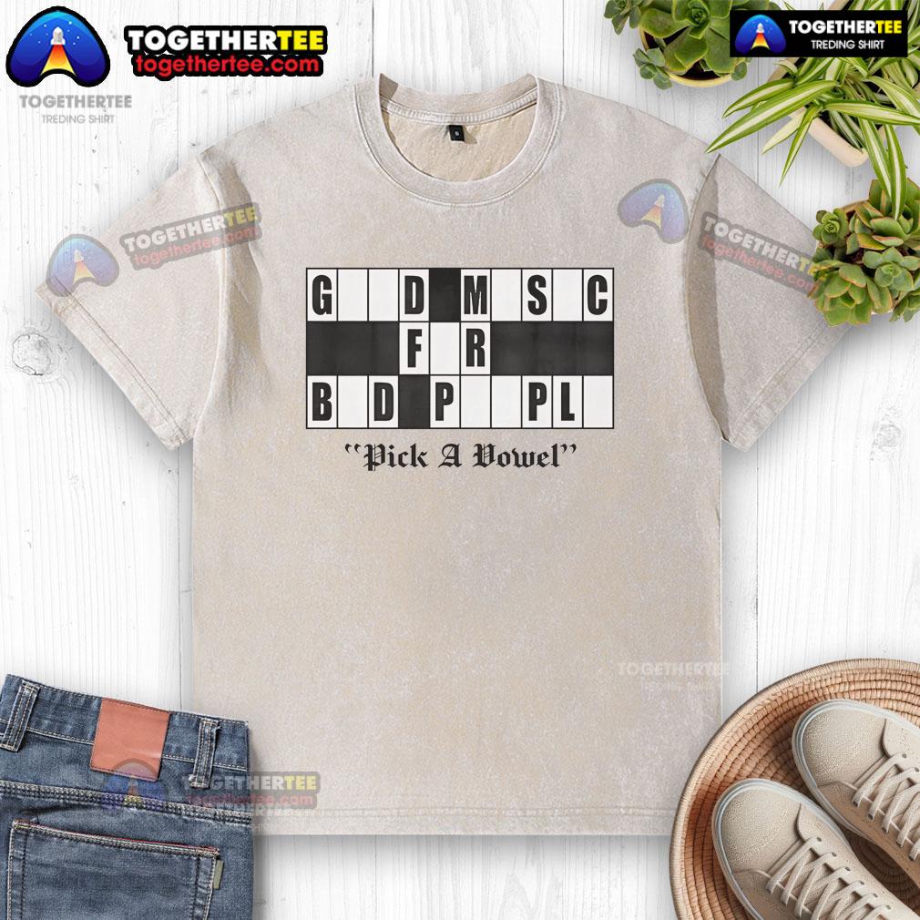 Alt Text: Original Pick A Vowel logo on a washed t-shirt, featuring 'Good Music for Bad People' design in vibrant colors.