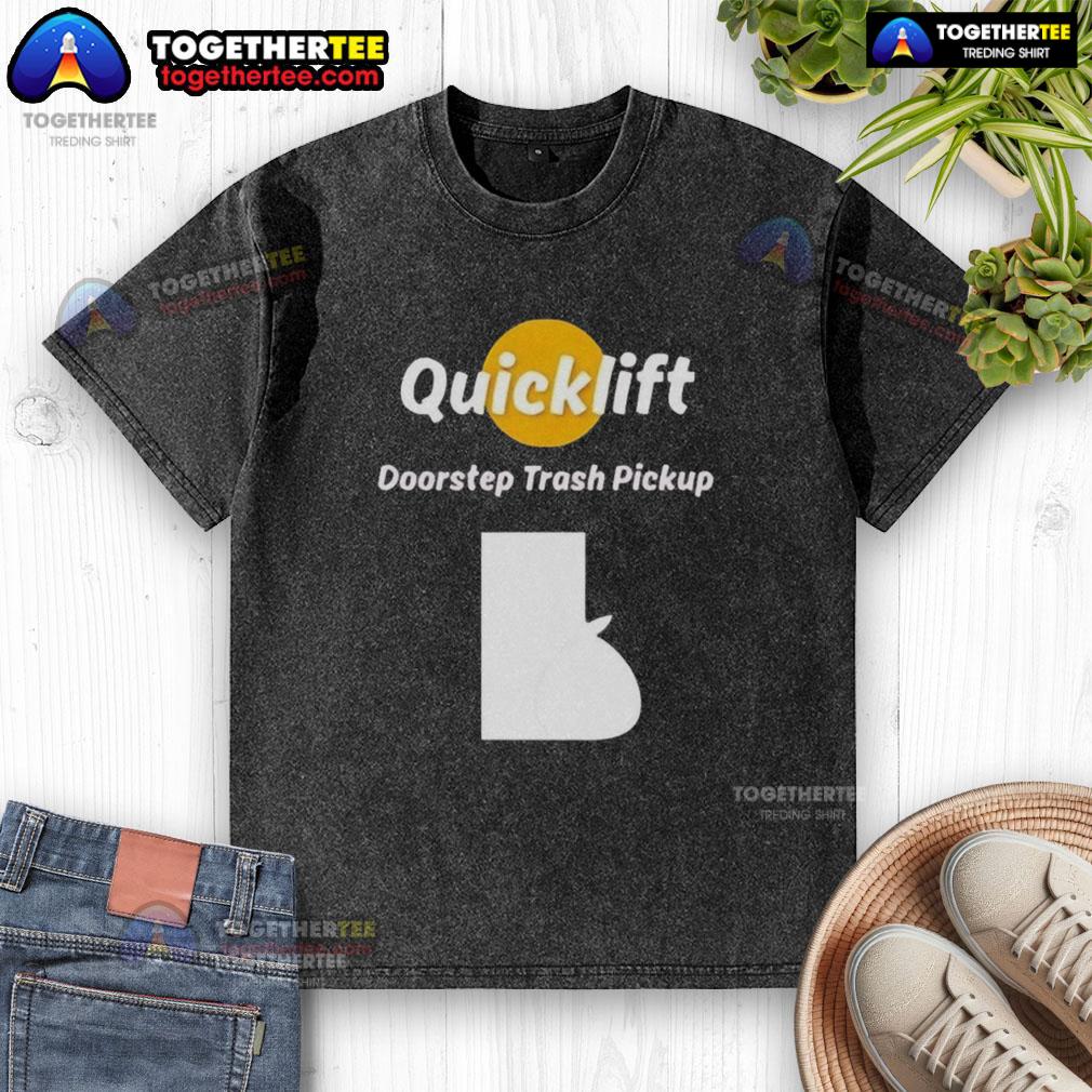 Alt Text: Original Quicklift Doorstep Trash Pickup logo on a washed T-shirt, promoting eco-friendly waste management services.