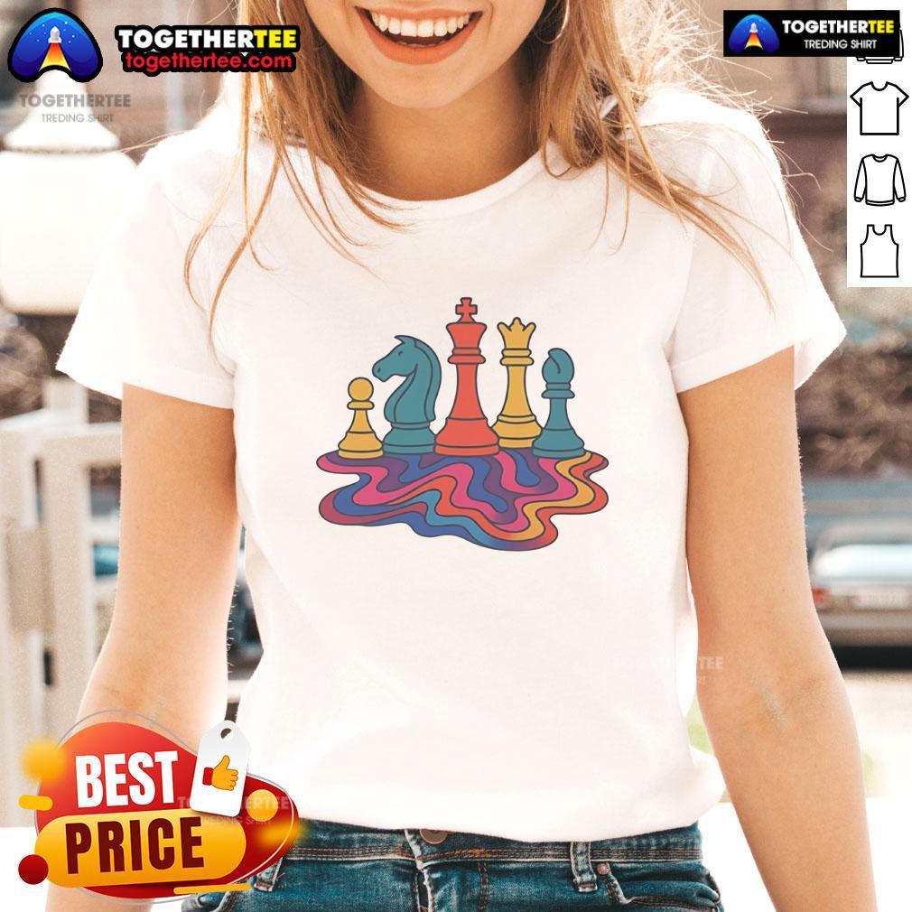 Premium colorful trippy chess ladies tee featuring vibrant designs and playful patterns for stylish casual wear.