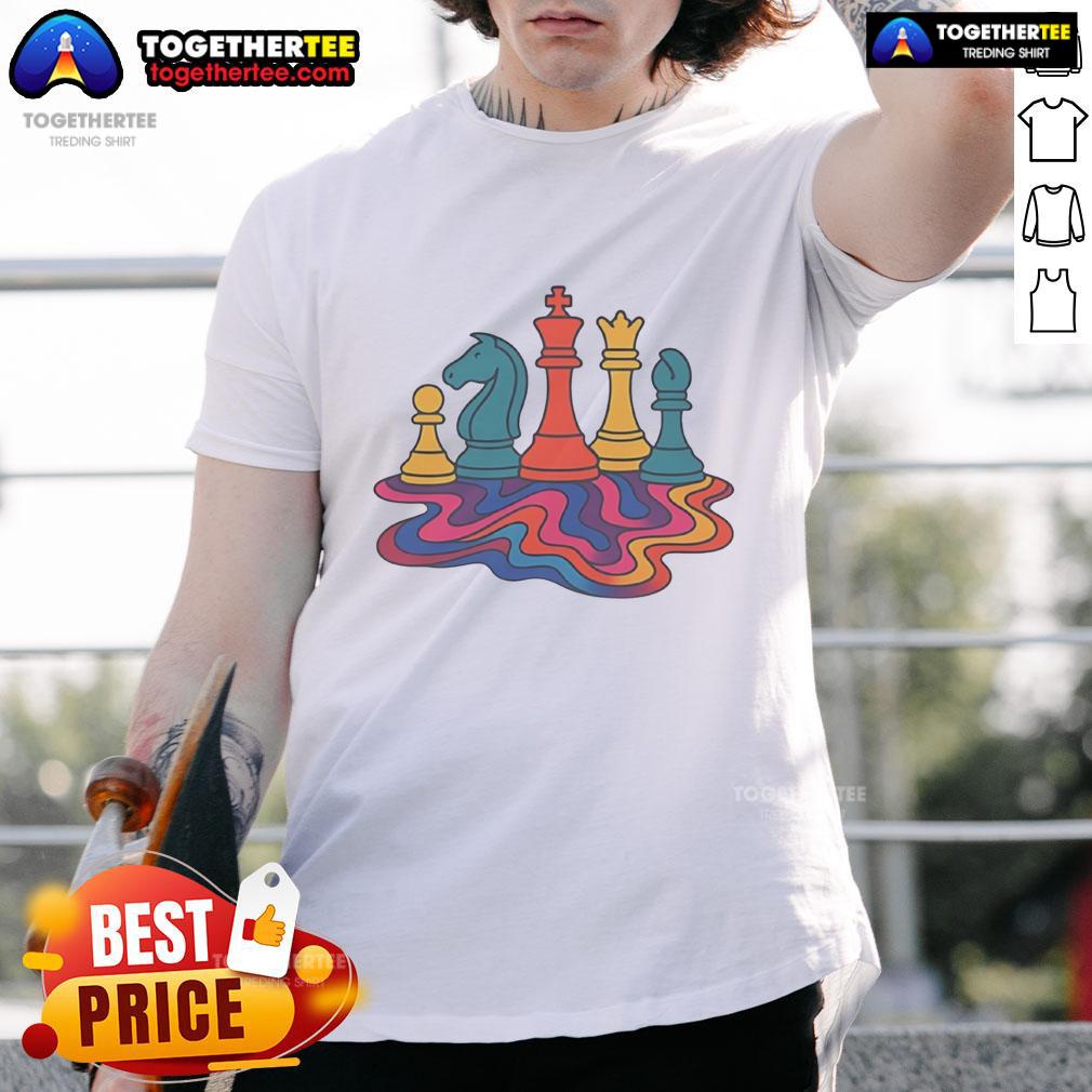Alt Text: Premium colorful trippy chess T-shirt featuring vibrant designs and a unique artistic print for chess enthusiasts.